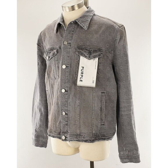 PURPLE BRAND Washed Gray Jacquard Distressed Denim Stretch Trucker Jacket XL NWT